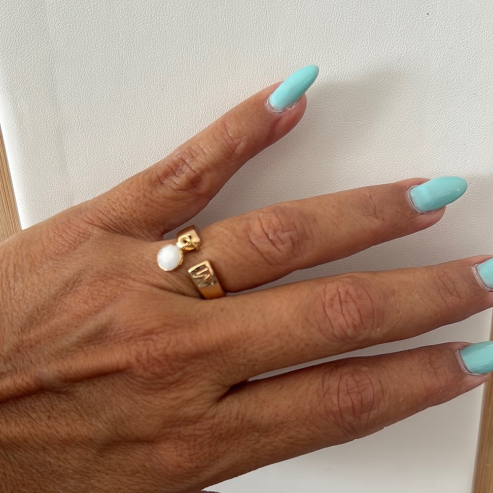 Bansri Gold and White charm Chunky Statement Ring with initial “M” size 7
